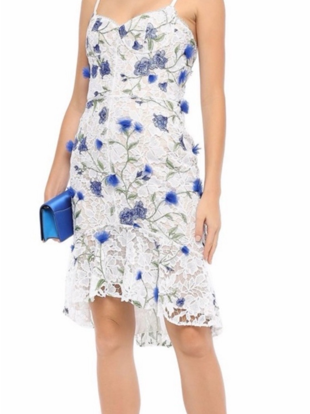 Marchesa White Lace Midi Dress with Blue Floral Appliqué
